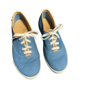 HOTTER Mabel M Width Preppy Blue Canvas Sneaker 9.5 Tan Leather Trim